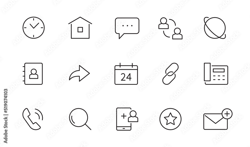 Contact, address line icon set. Mail, telephone adress, message symbol for website button. Editable stroke thin line design icon set. Vector illustration. Contact, address line icon set. Mail, telephone adress, message symbol for website button. Editable stroke thin line design icon set. Vector illustration.