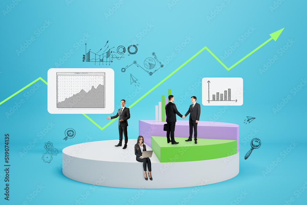 Abstract image of businesspeople with creative pie-chart on blue backdrop. Finance, business management and market research concept. Abstract image of businesspeople with creative pie-chart on blue backdrop. Finance, business management and market research concept.