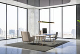 Contemporary office interior with panoramic city view, furniture and equipment. Workplace concept. 3D Rendering.
