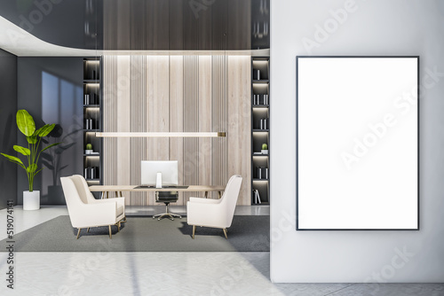 Modern office interior with empty mock up poster on wall, furniture and equipment. Workplace concept. 3D Rendering.
