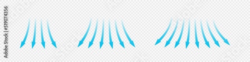 Air flow. Set of blue arrows showing direction of air movement. Wind direction arrows. Blue cold fresh stream from the conditioner. Vector illustration isolated on transparent background. photo