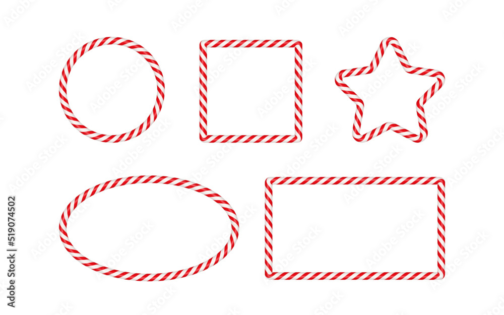 Christmas candy cane frames with red and white striped. Xmas circle, oval, square border with striped candy lollipop pattern. Blank christmas template. Vector illustration isolated on white background Christmas candy cane frames with red and white striped. Xmas circle, oval, square border with striped candy lollipop pattern. Blank christmas template. Vector illustration isolated on white background