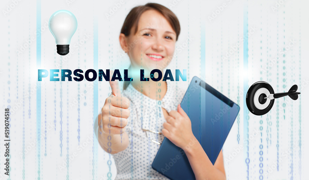 Business, Technology, Internet and network concept. Young businessman working on a virtual screen of the future and sees the inscription: Personal loan Business, Technology, Internet and network concept. Young businessman working on a virtual screen of the future and sees the inscription: Personal loan