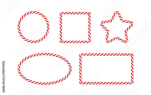 Christmas candy cane frames with red and white striped. Xmas circle, oval, square border with striped candy lollipop pattern. Blank christmas template. Vector illustration isolated on white background