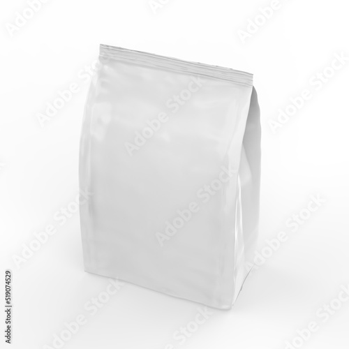 Blank white foil or paper food stand up pouch mockup, snack sachet bag packaging mock up, 3d render illustration