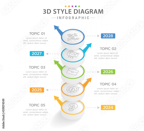 Infographic template for business. 5 Steps Modern 3D Timeline diagram calendar with arrows, presentation vector infographic.