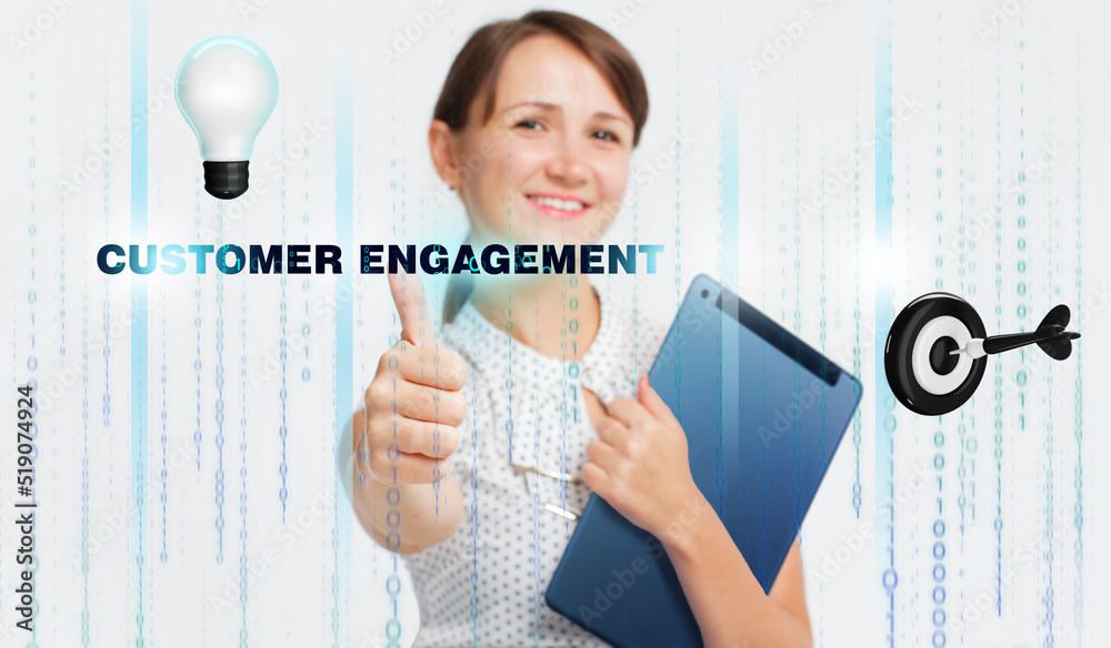 Obraz premium Business, Technology, Internet and network concept. Young businessman working on a virtual screen of the future and sees the inscription: Customer engagement