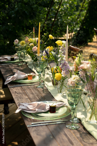 Rustic wedding party table decor, summer wedding party outdoor