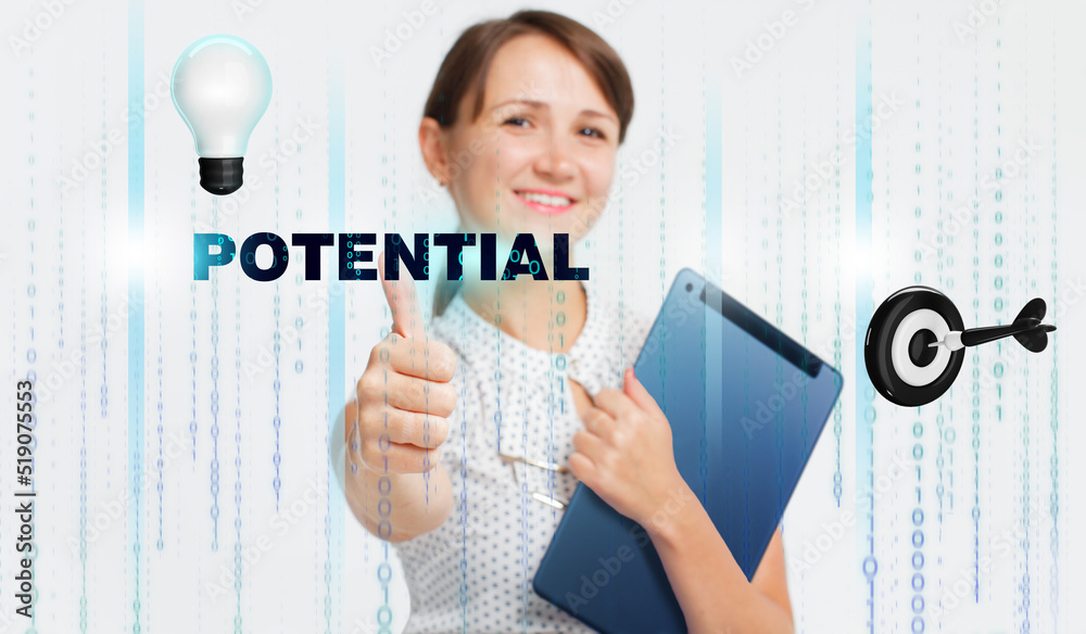 Obraz premium Business, Technology, Internet and network concept. Young businessman working on a virtual screen of the future and sees the inscription: Potential
