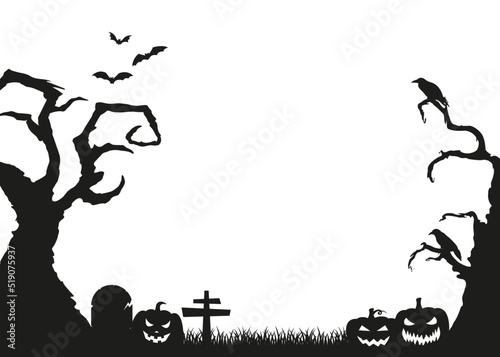 Halloween silhouette background with pumpkins, spooky trees, bats and crows. Vector.
