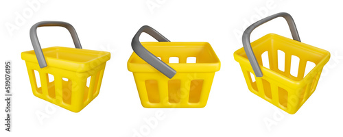 3d shopping basket icon set. Vector realistic render yellow supermarket cart illustration isolated on a white background.