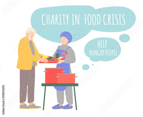 Charity in food crisis. Editable vector illustration