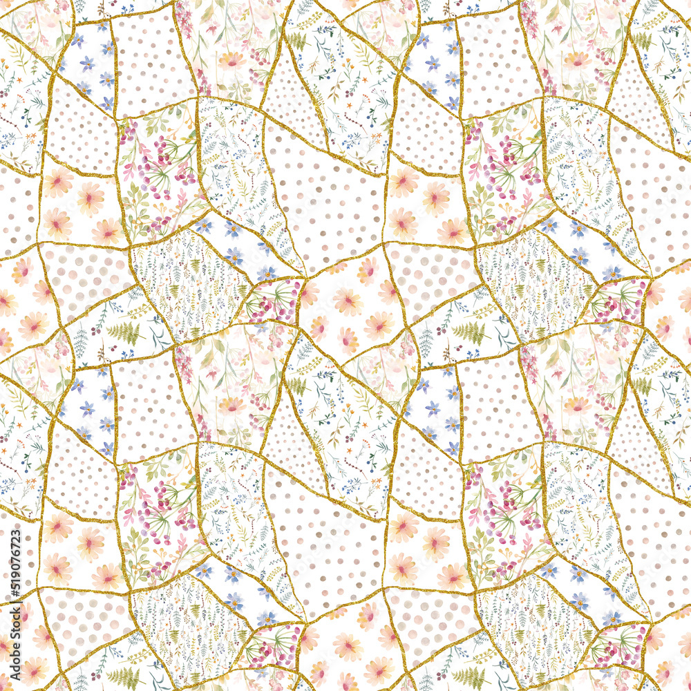 Beautiful seamless patchwork floral pattern with watercolor hand drawn flowers. Stock illustration.