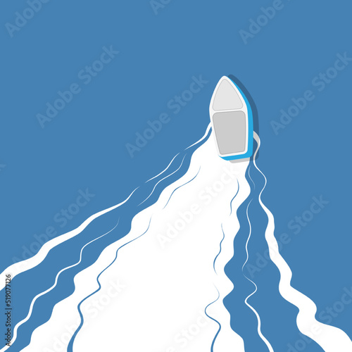 A boat floating on the water. Vector illustration of a boat leaving a trail on smooth water. Sketch for creativity.