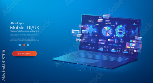 Application of laptop business graph and analytics data on isometric laptop . Analysis trends and financial strategy by using infographic chart. Online statistics, data Analysis. Forex, Stock Market