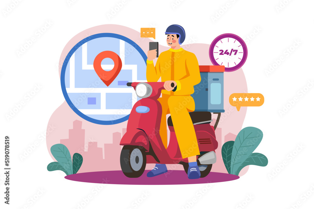 Delivery Man On A Motorbike Illustration concept. Flat illustration isolated on white background Delivery Man On A Motorbike Illustration concept. Flat illustration isolated on white background