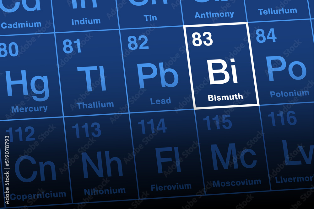 Bismuth on periodic table. Radioactive posttransition metal and