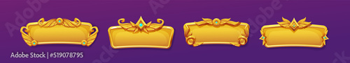 Gold game ui frames, medieval menu elements, buttons or banners with golden ornament. Empty royal gui bars for rpg or arcade, glossy borders, web design interface bars, Cartoon 3d vector illustration