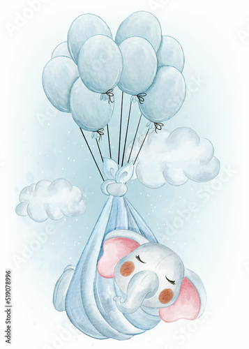 Baby Elephant Sleeping Swaddled by Balloons Watercolor