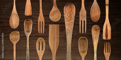 Topview of Set Cooking Wooden Utensils on Table Background