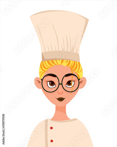 Cartoon flat funny little chef cook girl character in white uniform and baker hat.