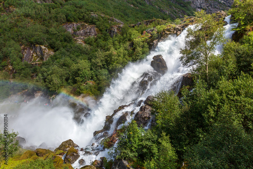 Rainbow and Briksdal waterfall in Norway