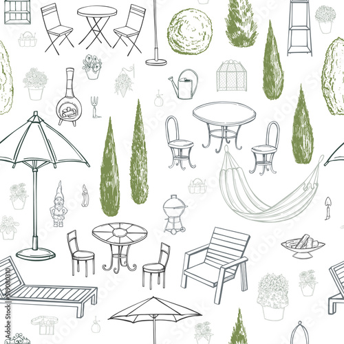Hand drawn garden furniture. Vector sketch illustration.