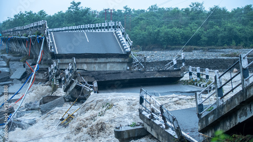 Disaster clouds burst in Himalayas heavy rainfall bridge collapsed. High-quality 4k 60P Apple prores.