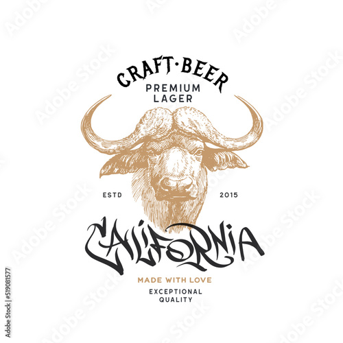 Craft Beer Logo in Vintage Style with Bull Head