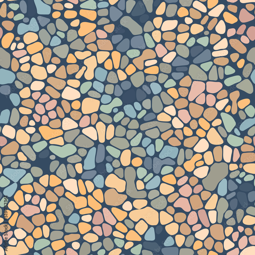 Bright seamless floor pattern of round sea pebbles. Vector background. Decoration with tiles for paths, walls and paving. Kitchen, bathroom, garden design. Repeating texture Bright seamless floor pattern of round sea pebbles. Vector background. Decoration with tiles for paths, walls and paving. Kitchen, bathroom, garden design. Repeating texture