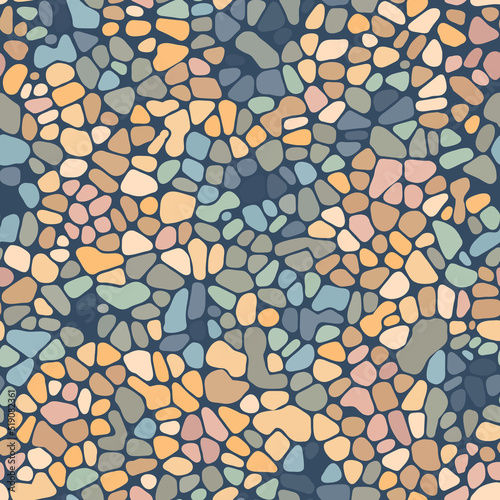 Bright seamless floor pattern of round sea pebbles. Vector background. Decoration with tiles for paths, walls and paving. Kitchen, bathroom, garden design. Repeating texture