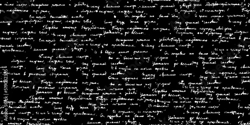 White handwritten illegible phrases seamless pattern with blots on black background. Old script texture. Monochrome notebook vintage page. Retro unreadable hand drawn document. Ink doodle cursive