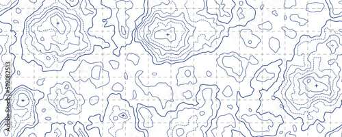 Topography map seamless pattern with grid and mountain peaks. Abstract topographic curves. Repeat geometric background. Outline topology land or underwater relief texture. Vector illustration.