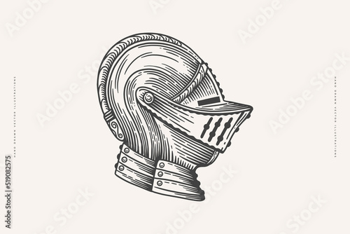 Bourguignot - knight's helmet in engraving style. Armor of a medieval knight on a light isolated background. Vector vintage illustration.