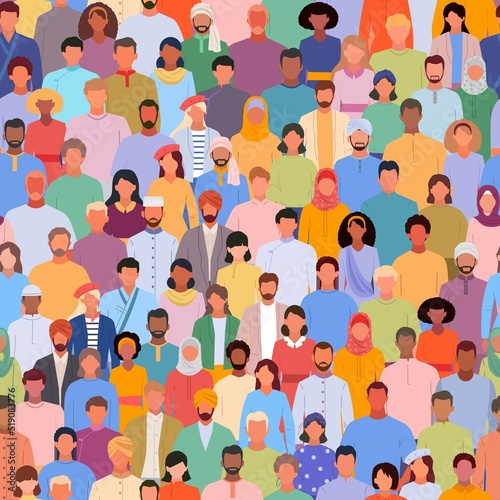 multiracial crowd pattern. concept of worldwide union male and female multicultural team. Vector seamless background