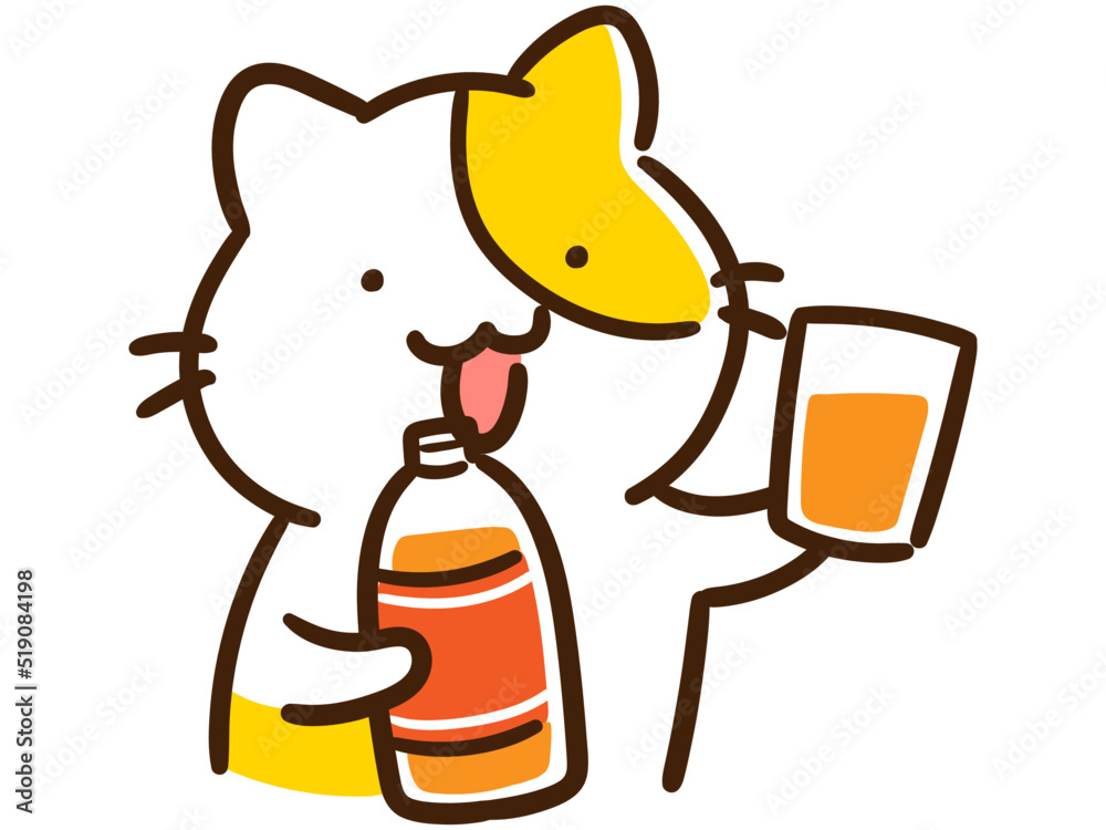 Fototapeta ペットボトルのオレンジジュースを飲むかわいいねこのデフォルメイラスト Soda Pomaranczowy Sok Pomaranczowy Fototapety Foteks