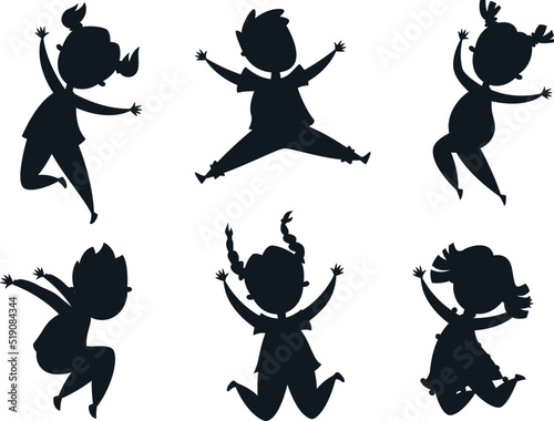 Fototapet Happy kids jumping laughing cheerful school girls boys Vector silhouette