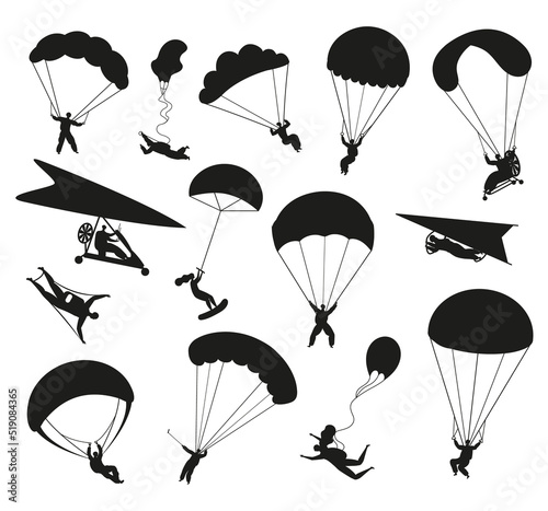 Skydivers flying extreme sport jump Vector silhouette