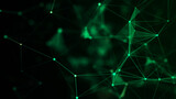 Futuristic geometric flow with connecting points and lines. Abstract green digital background. Global network concept. Big data complex with compounds. 3D rendering.