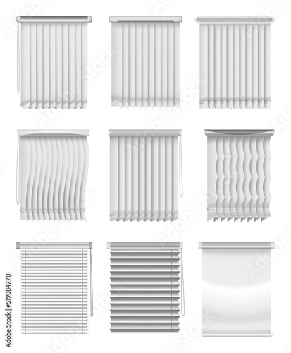 Window blinds. Curtains mockup set. Element room interior. Collection of horizontal and vertical window jalousie. Closed empty jalousie template. Privacy concept