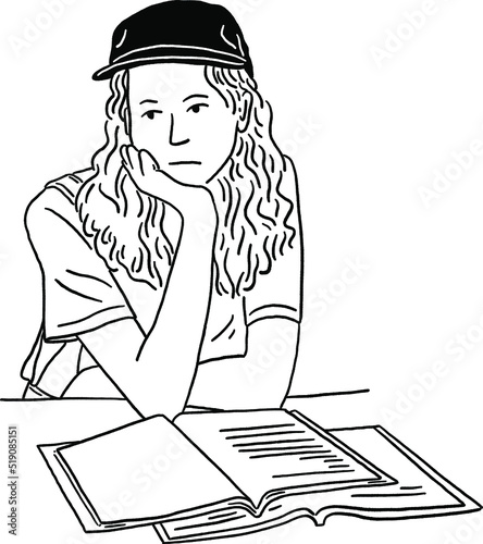 Boring Woman sit on the chin Bad mood People Hand drawn line art illustration 