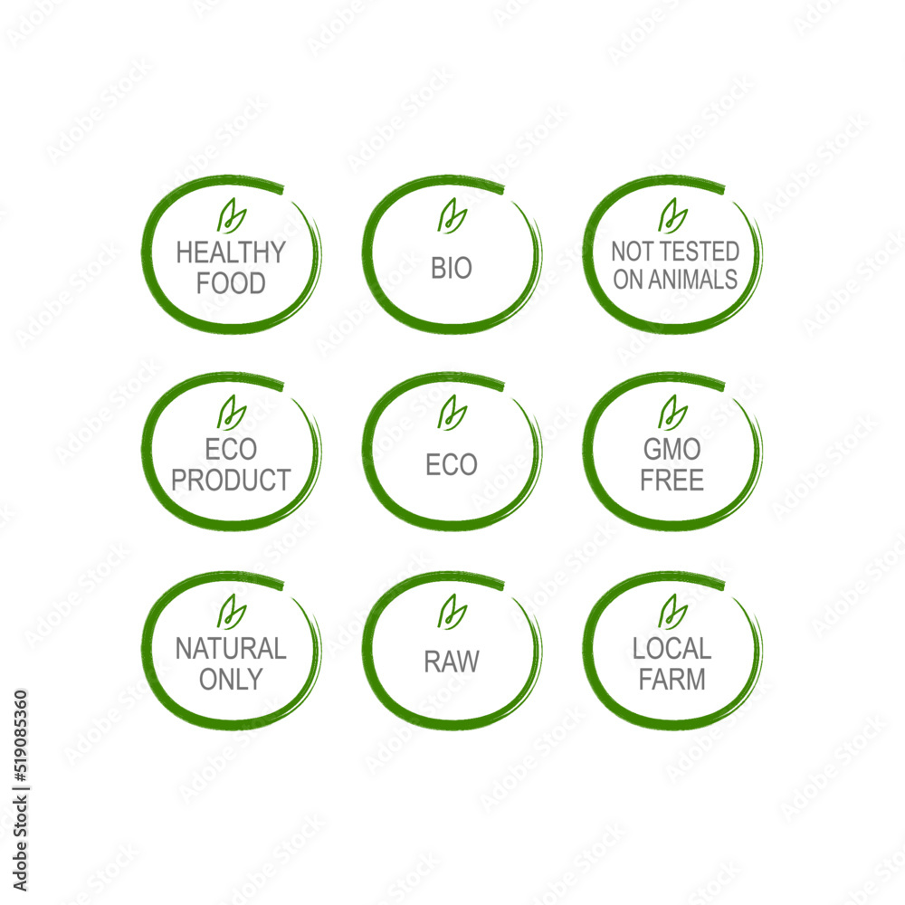 Healthy Food, Bio, Not tested On Animals, Eco Product, Eco, GMO Free, Natural Only, RAW, Local Farm Green Circle Design Badges isolated On White Healthy Food, Bio, Not tested On Animals, Eco Product, Eco, GMO Free, Natural Only, RAW, Local Farm Green Circle Design Badges isolated On White