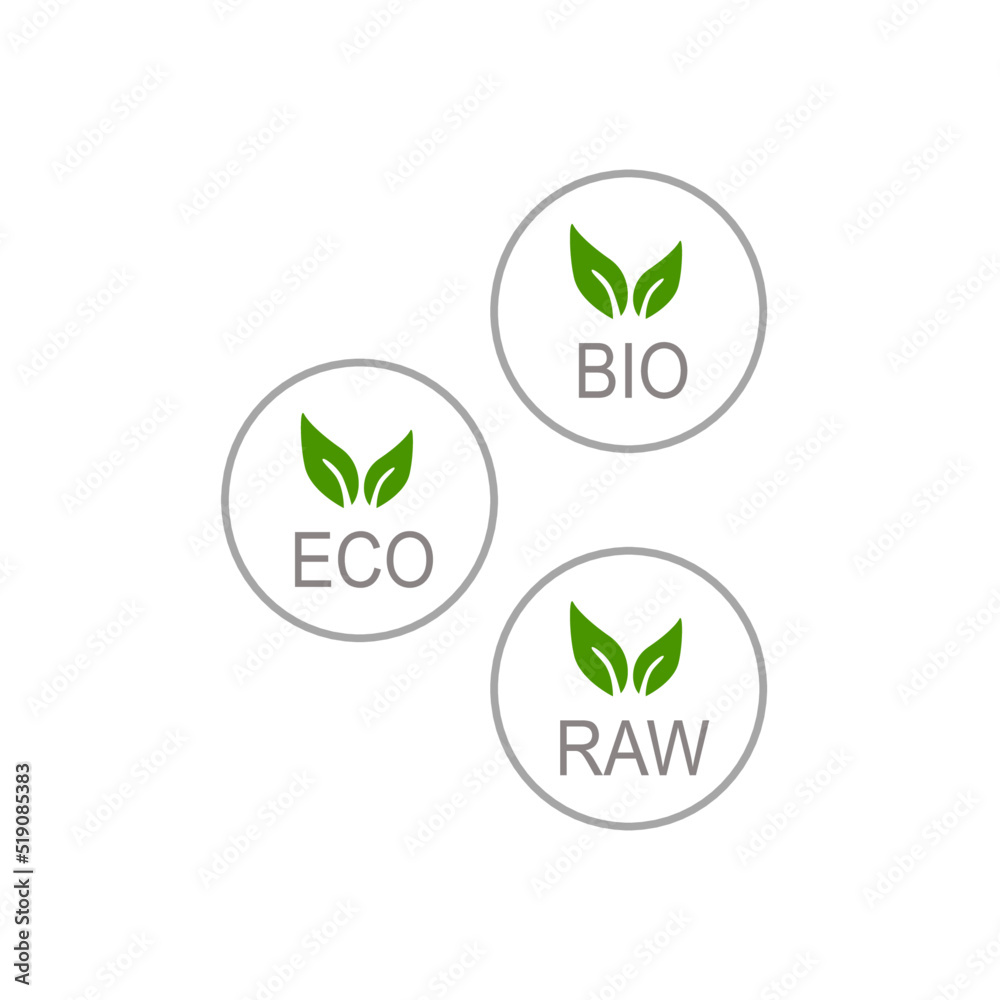 ECO, BIO, RAW LABELS ISOLATED ON WHITE BACKGROUND