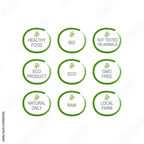 Healthy Food, Bio, Not tested On Animals, Eco Product, Eco, GMO Free, Natural Only, RAW, Local Farm Green Circle Design Badges isolated On White