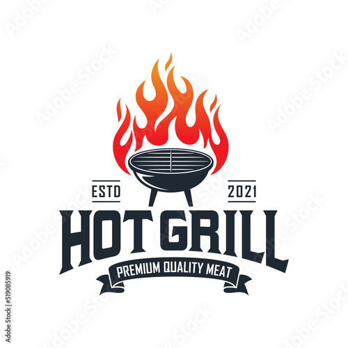 vintage grilled barbecue logo, retro BBQ vector, fire grill food and restaurant icon, Red fire icon