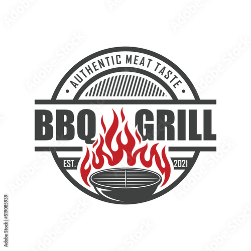 vintage grilled barbecue logo, retro BBQ vector, fire grill food and restaurant icon, Red fire icon