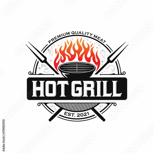 vintage grilled barbecue logo, retro BBQ vector, fire grill food and restaurant icon, Red fire icon