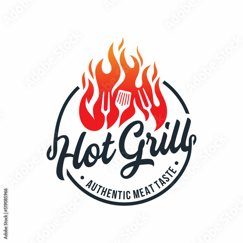 vintage grilled barbecue logo, retro BBQ vector, fire grill food and restaurant icon, Red fire icon