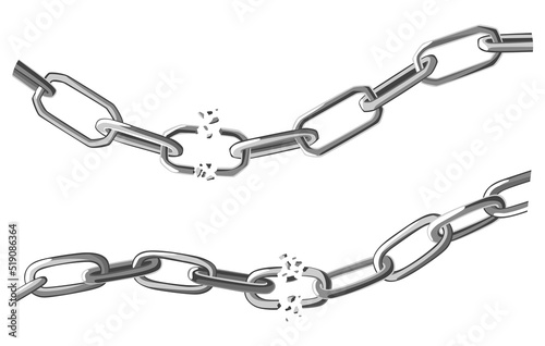 Broken steel chain links. Symbol of security and destruction. Freedom, disruption strong metal shackles concept. Vector illustration in flat style on white background