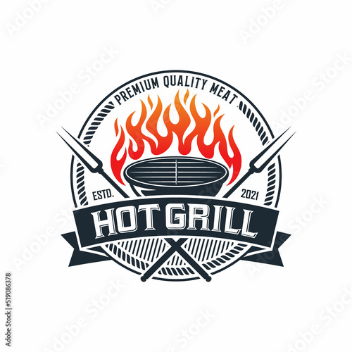 vintage grilled barbecue logo, retro BBQ vector, fire grill food and restaurant icon, Red fire icon